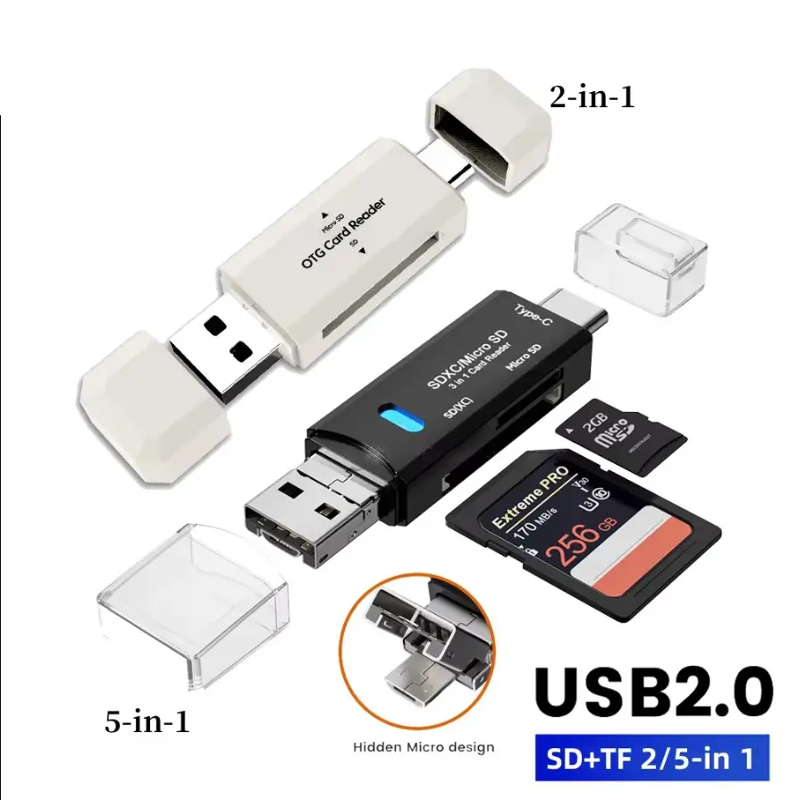 2-in-1 Type C/USB2.0 Card Reader 5-in-1 LED Light Flash Drive Reader Adapter Reading Micro SD TF Memory Card For PC Laptop Accessories