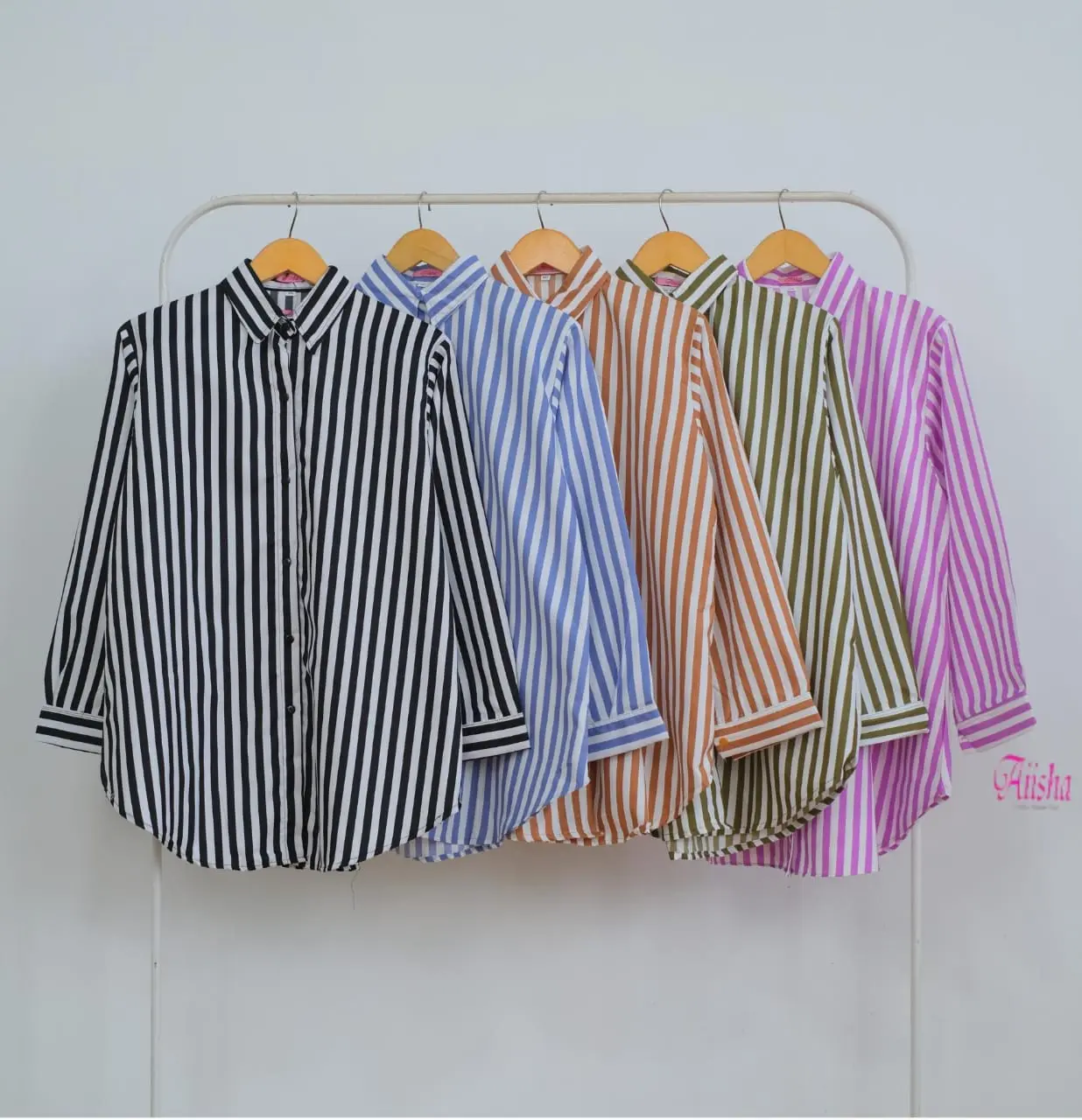 AIISHA | Atasan Jumbo Wanita | Kemeja Dista Motif Strippy Bahan Cotton Miracle Atasan Big Size LD 110 - 140