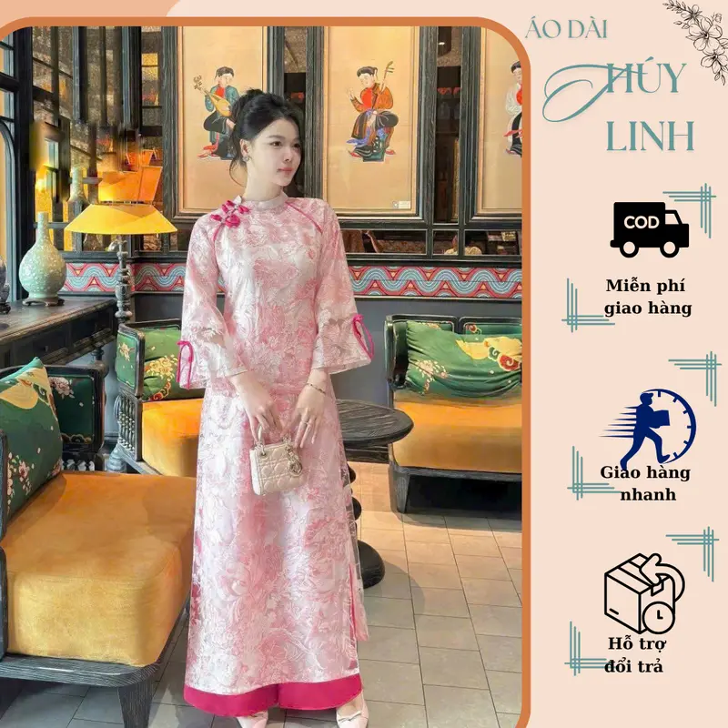 Áo dài cách tân tơ nến vân hoa hồng nhẹ nhàng - Áo dài Thúy Linh -OG -  Nữ Women Dress 0
