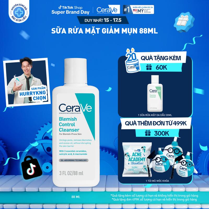 [DEAL ĐẶC BIỆT]  Sữa rửa mặt giảm mụn CeraVe Blemish Control Cleanser 88ml. Sữa rửa mặt dịu nhẹ giúp làm sạch bã nhờn dư thừa, giúp giảm mụn, không làm tổn thương hàng rào bảo vệ da. DÙNG CHO DA MẶT_ Chăm sóc da_Kem & Sữa dưỡng thể_Skincare cho Nam và Nữ