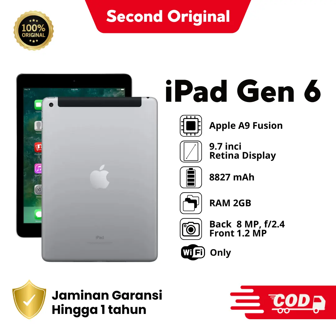 [SECOND] iPad Gen 6 Apple Original Bekas | Bergaransi | Siap Kirim | Bisa COD | Termurah | Versi Full Update IOS 17 | Kerja | Game | Peforma Tertinggi
