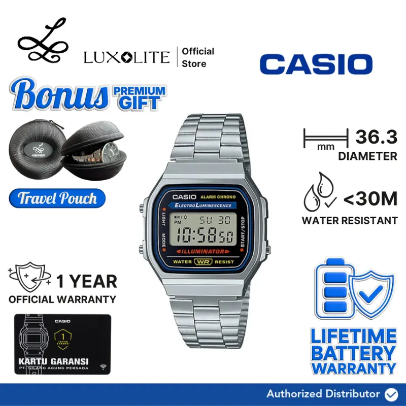 [Luxolite] CASIO Jam Tangan Pria Digital A168WA-1WDF/A168WA-1W/A168WA-1 Stainless Steel Strap A168WA 0