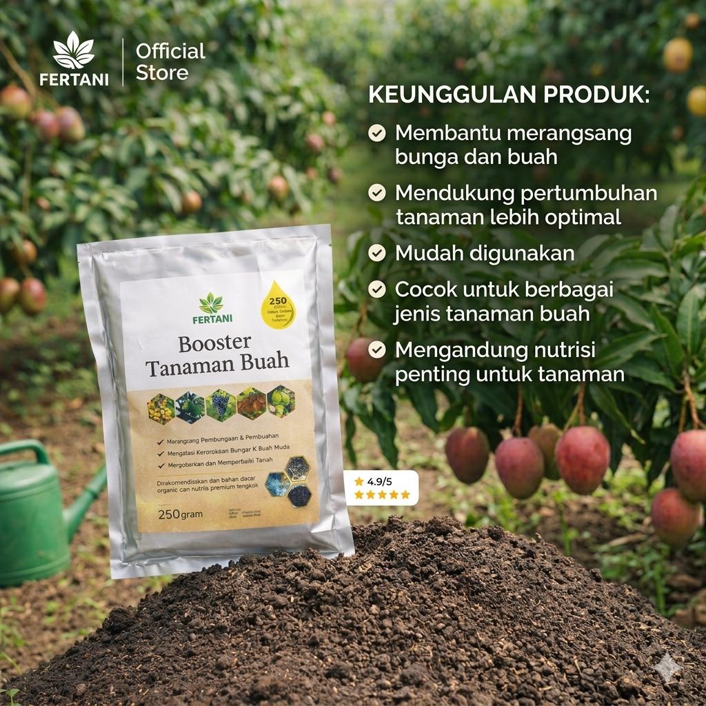 Pupuk Booster Tanaman Buah Membantu Merangsang Pembungaan dan Pembuahan, Mempercepat munculnya bunga, Mengurangi Kerontokan Bunga dan Buah Muda, Buah Tumbuh Lebih Optimal, Menjaga Kesuburan Tanah, dan Mendukung Hasil Panen Lebih Maksimal