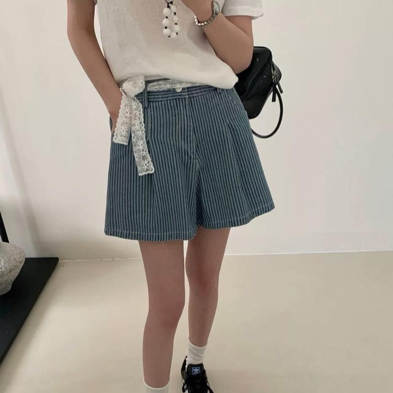 Quần Đùi, Quần Short Nữ Chất Jean Mềm Kẻ Sọc Cạp Khóa, Chun Sau ( Tặng Kèm Dây Nơ ) 7