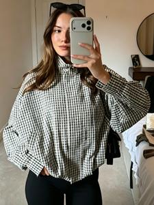 Chaqueta bomber de cuadros holgada para mujer, temporada media, 2026, estilo vintage, corte corto plisado, cuello alto con cremallera, manga larga, nueva llegada, uso casual diario, ropa callejera, chaqueta varsity