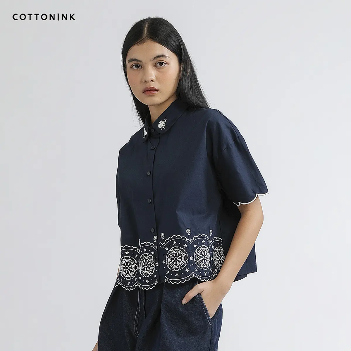 COTTONINK - Atasan Kemeja Wanita Navy Rimini #HolidayRayaCollection