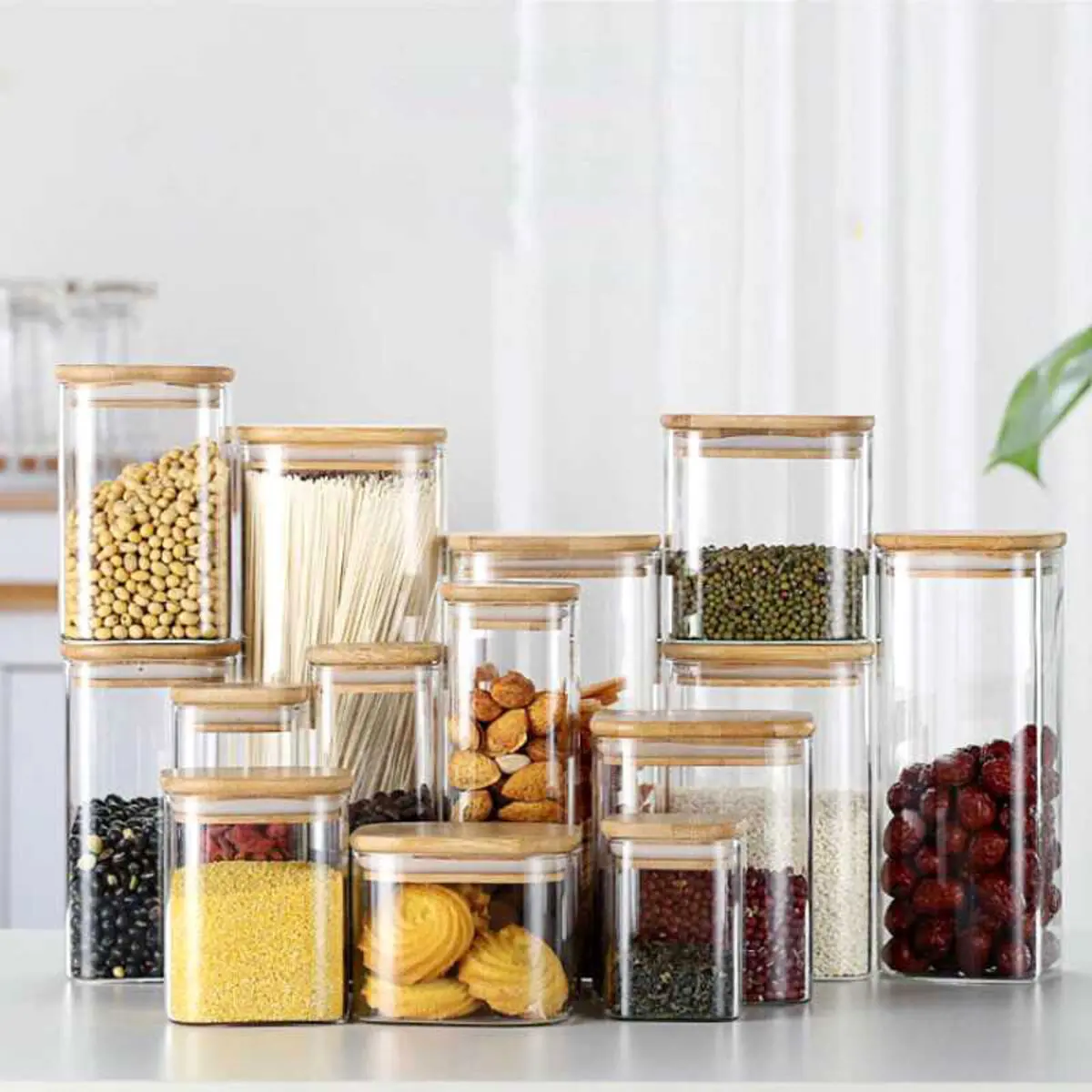 Toples Kaca Aesthetic Tutup Kayu Kedap Udara Wadah Penyimpanan Makanan Snack  Glass Jar Toples 1 Set Lengkap