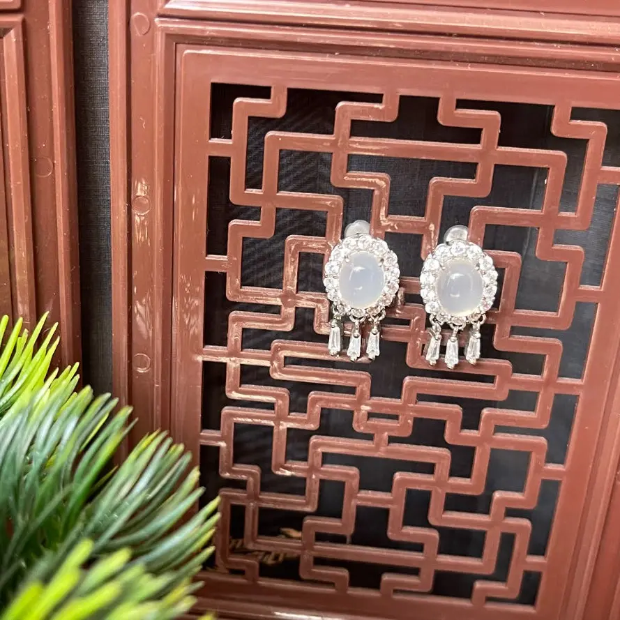 Pure natural green chalcedony luxury inlaid earrings