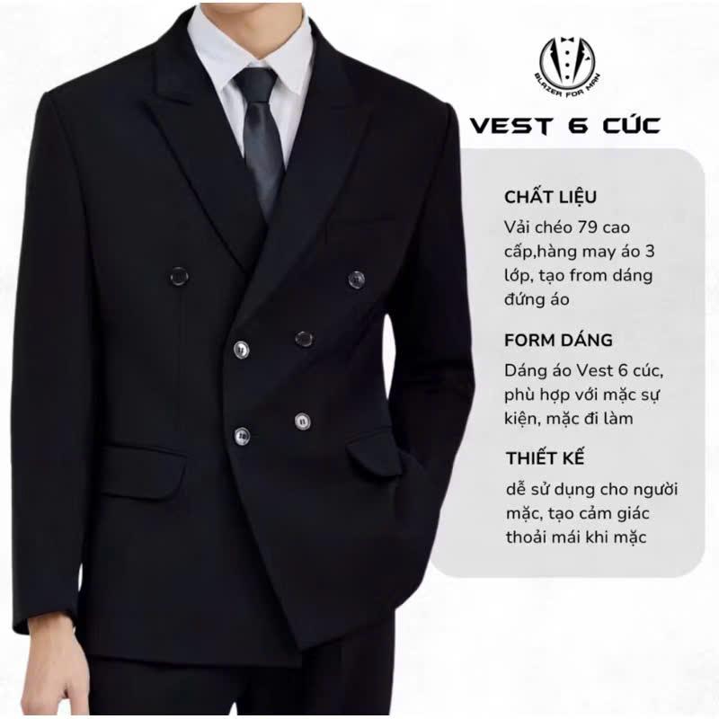 Vest Nam 6 Cúc Hàn Quốc, Bộ Suit Nam 6 Khuy Chất Vải Chéo 79 Cao Cấp, Form Dáng Đẹp Lịch Lãm. Tặng kèm Cavat + Ghim cài bồn lúa + Móc Treo + Quần sịp. Có bán Lẻ Áo và Cả Bộ Áo + Quần