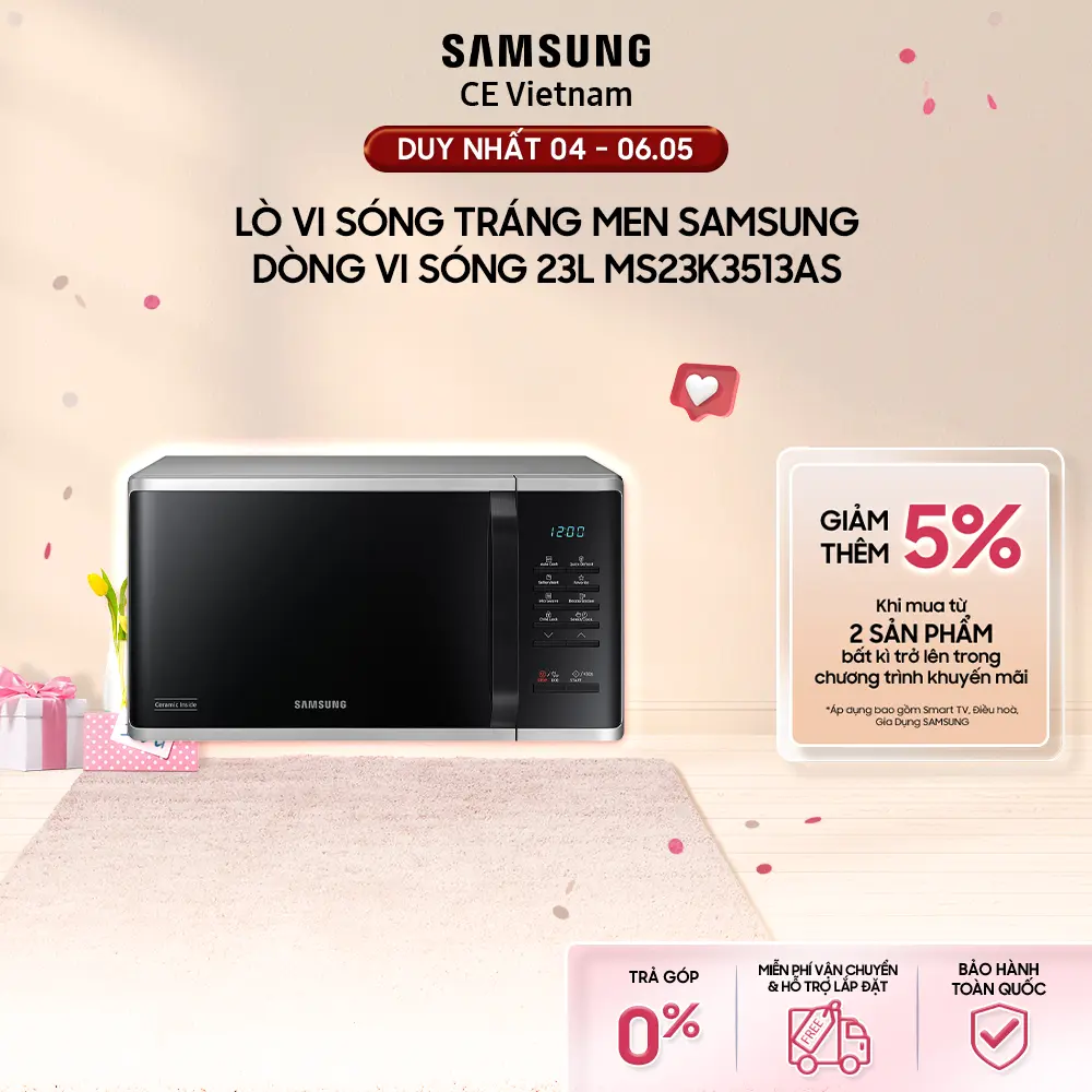 [Freeship] Lò vi sóng tráng men Samsung Chế độ Rã đông nhanh Dung tích 23 L Màu Bạc MS23K3513AS