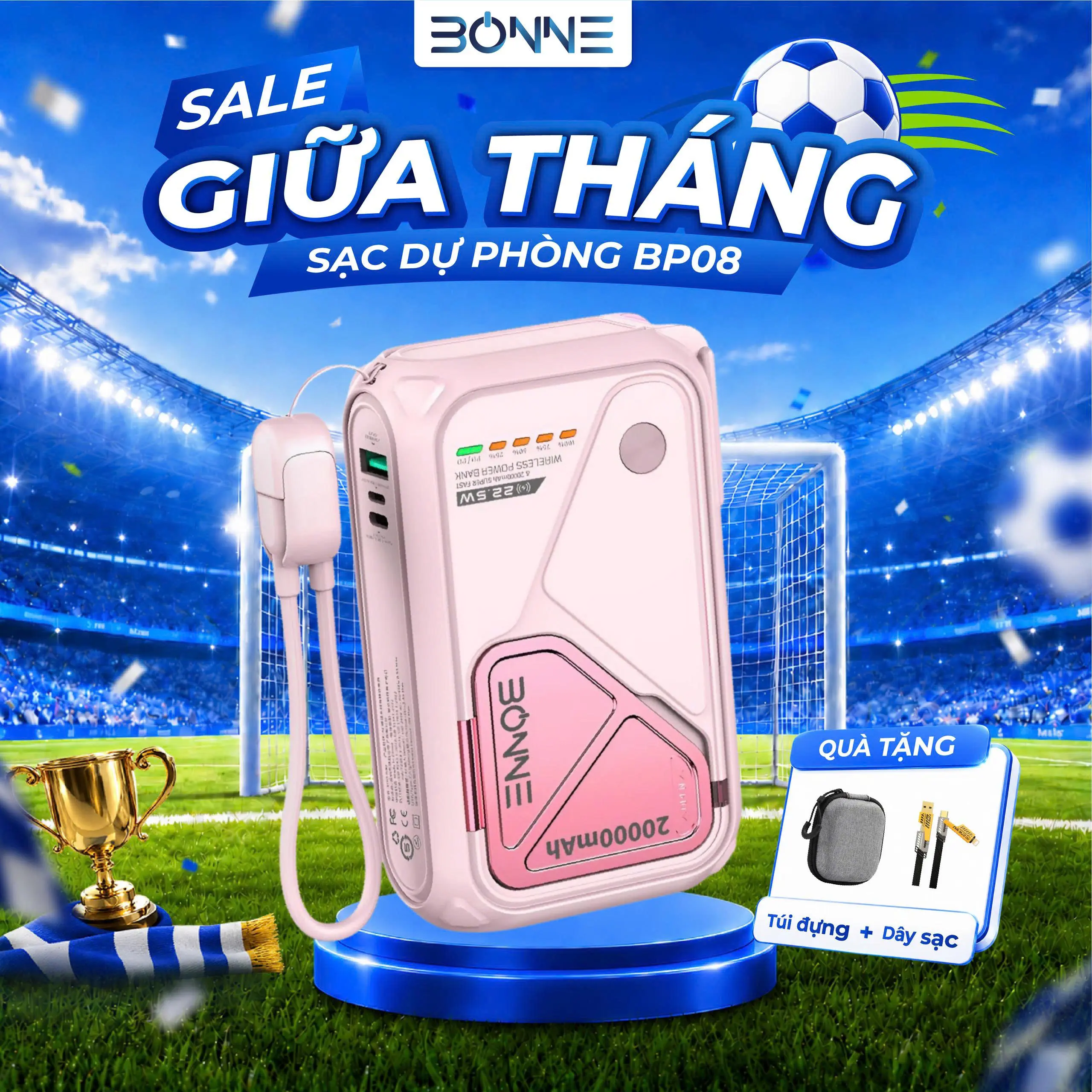 HÀNG CÓ SẴN -  [  ĐỘC QUYỀN BONNE ] Tặng Túi Đựng Cao Cấp & Dây Sạc 4in1 - Sạc Dự Phòng Bonne TECHNOLOGIQUE BP08 10.000mAh/20.000mAh Không Dây Kiêm Củ Sạc Nhanh Bảo Hành 12 Tháng