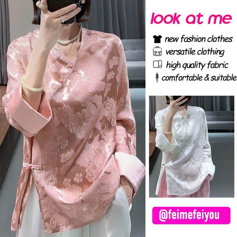 Áo sườn xám cách tân phong cách Trung Hoa tay dài cúc cài