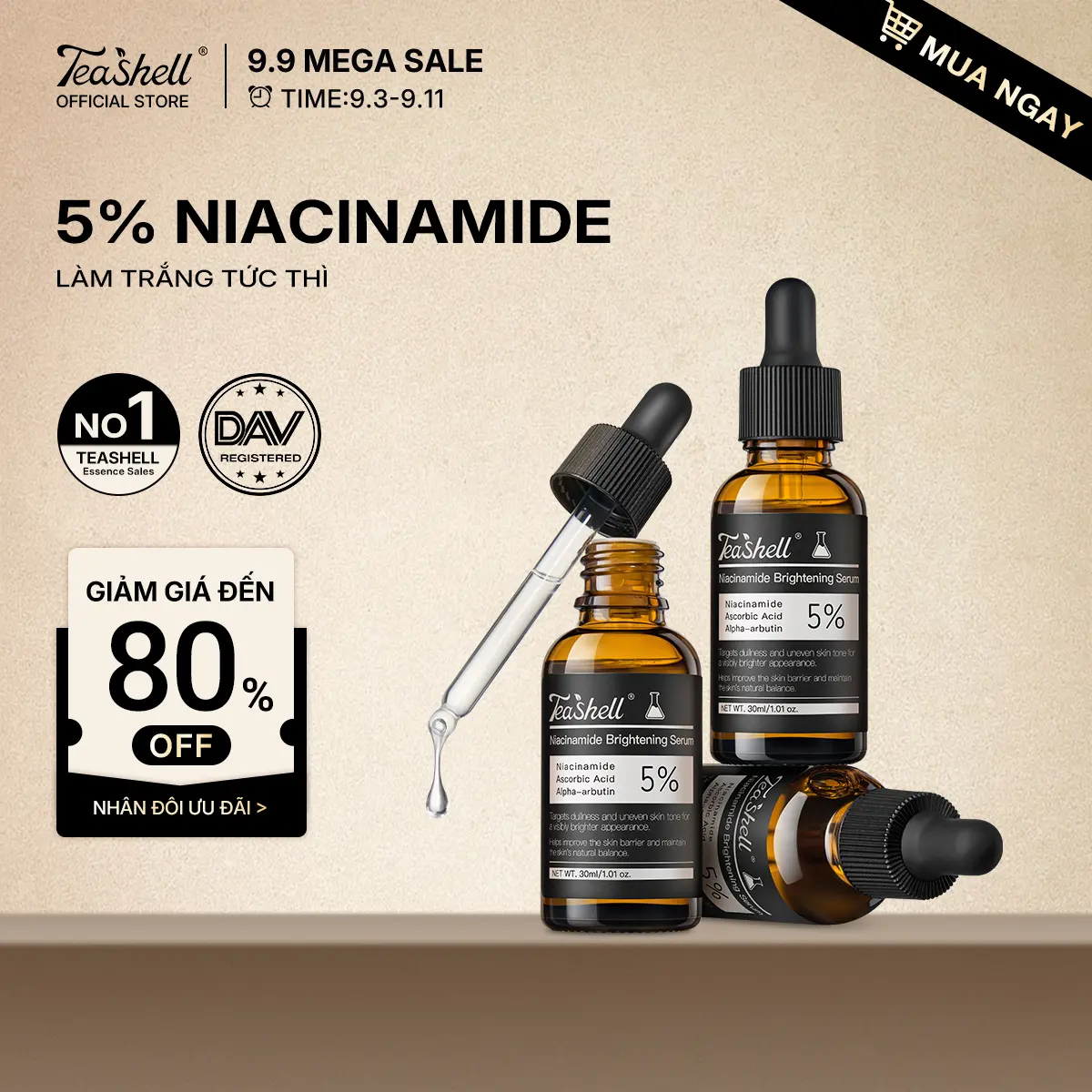 【ƯU ĐÃI CỰC HỜI】DAV chứng nhận Tinh chất làm sáng & làm dịu Teashell 5% Niacinamide +Chiết xuất rễ Khổ Sâm+ Vitamin C + Alpha Arbutin Làm mờ đốm sậm màu · Dưỡng ẩm · Phục hồi hàng rào bảo vệ da Hương lô hội dịu nhẹ