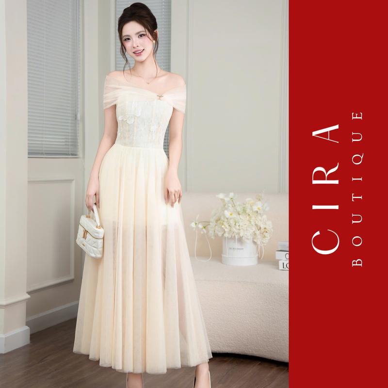 Cira Boutique Đầm Cúp Trễ Vai Ren Hồ Điệp Phối Lưới Xoè - Đi Tiệc Đi Chơi Sang Trọng Tôn Dáng D1525