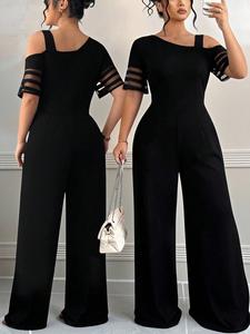 Mono de mujer talla grande con hombros descubiertos, patchwork de malla, pierna ancha; ideal para verano, trabajo y citas; disimula la grasa, cintura alta, sexy.