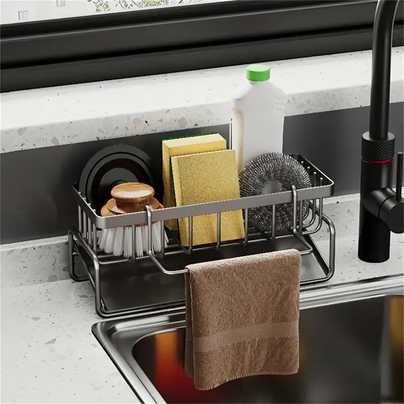 Kitchen Sink Drain Rack, 1 Count Kitchen Sink Storage Rack with Dishcloth Holder, Kitchen Sink Organizer, Kitchen Accessories, Home Organizer 3