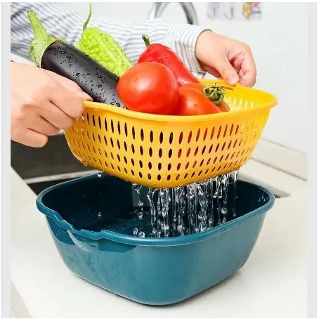 Keranjang Wadah Cuci Buah Sayur 2 Layer Drain Basket Baskom Serbaguna 4