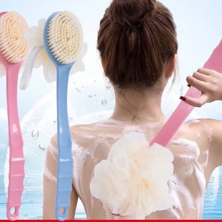 SIKAT MANDI DUA SISI  SPON DAN JARING LEMBUT GAGANG PANJANG 2IN1 / TONGKAT SIKAT GOSOK PEMBERSIH PUNGGUNG MANDI 2 SISI / SHOWER PUFF