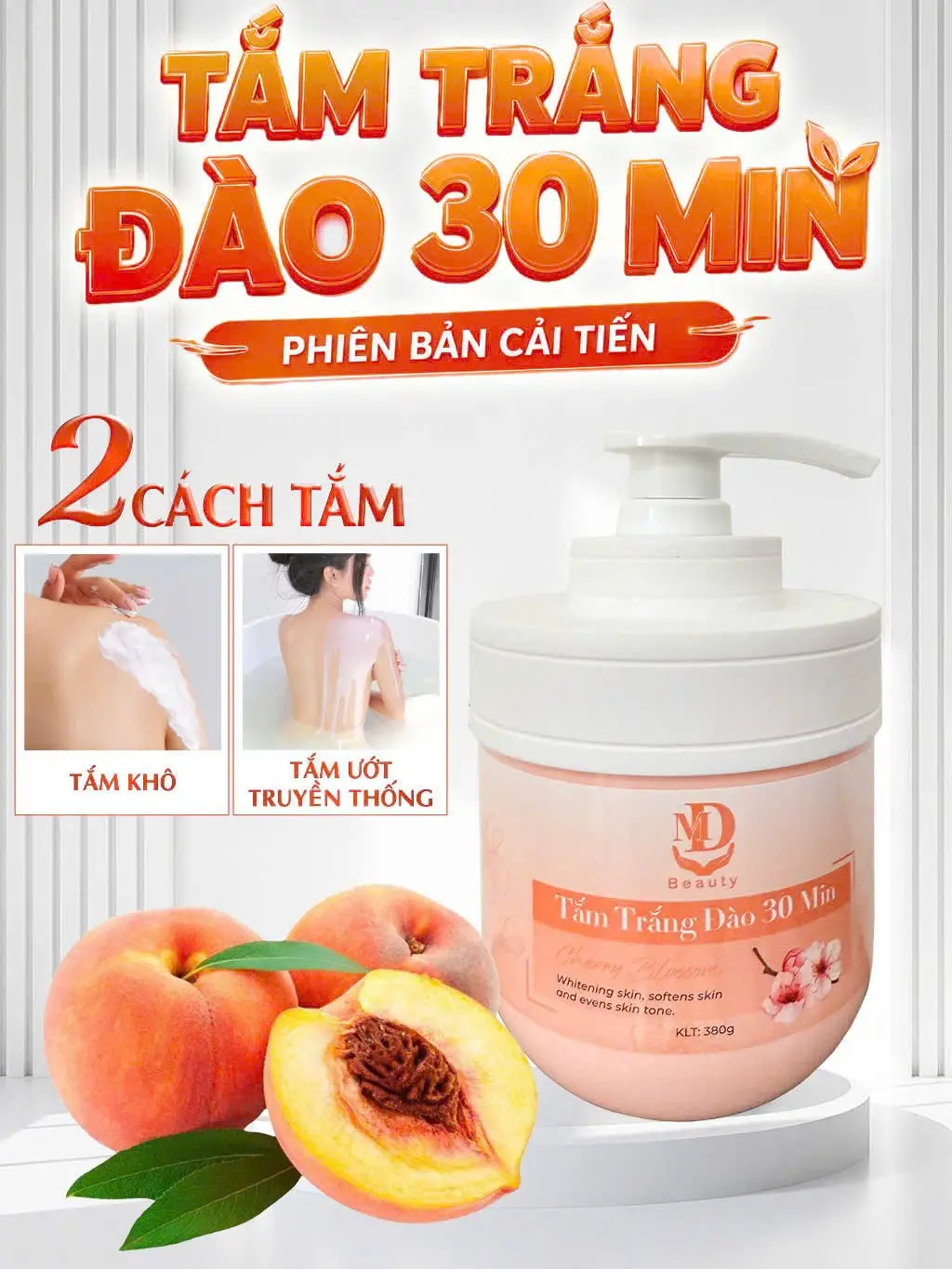 KEM TẮM TRẮNG KHÔ ĐÀO 30 MIN 380G Hỗ Trợ Dưỡng Trắng MD Beauty [Phiên Bản Mới]