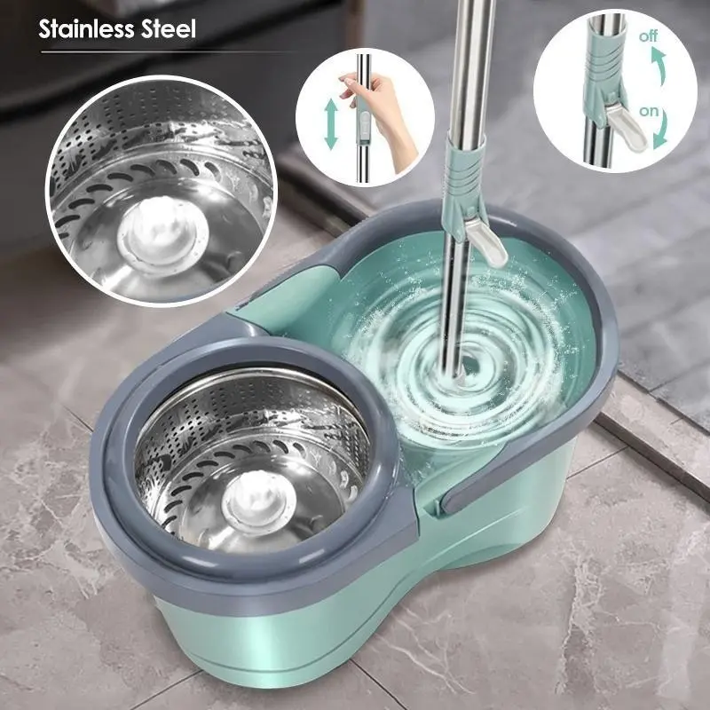 Viling Store - Alat Pel Putar dan Set Ember Dengan Roda Spin Mop Pembersih Rumah Tangga Pel Putar Otomatis dengan Ember Pel Putar Ember Datar untuk Pembersihan Lantai Cuci 0