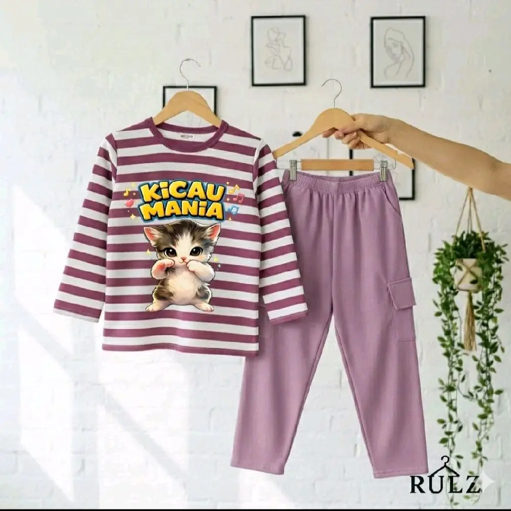 SETELAN ANAK PEREMPUAN 3- 12  TAHUN | KICAU MANIA | CELANA CARGO PP SALUR BAHAN KATUN VISTA TERY