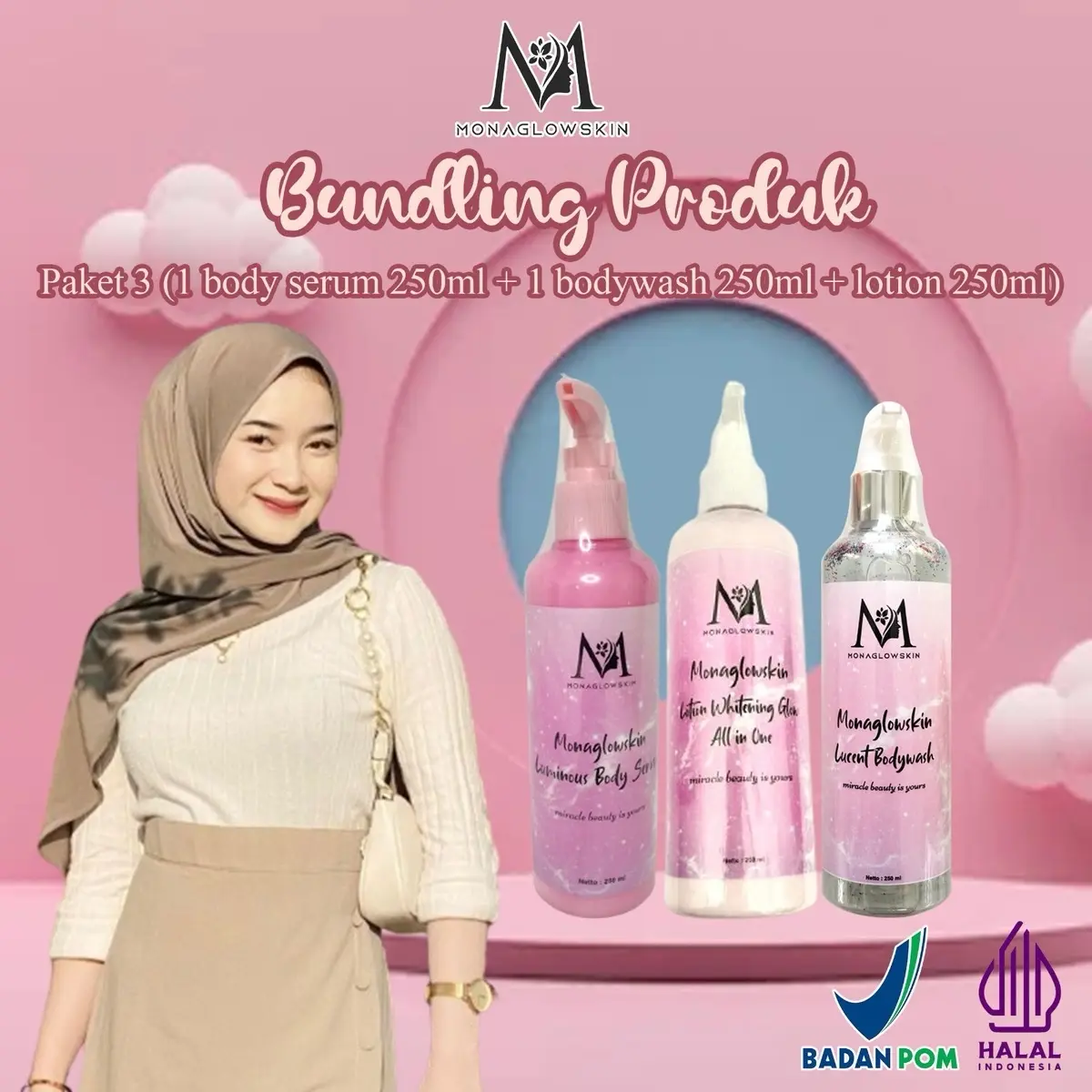 Monaglowskin Paket 3 (Lotion 250 ml, Bodyserum 250 ml, & Bodywash 250 ml)