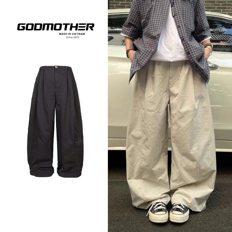 Quần Dài Vải Gió Nhăn Form Ống Rộng GODMOTHER Quần Dài Ống Rộng Vải Gió Nhăn Basic Street Style