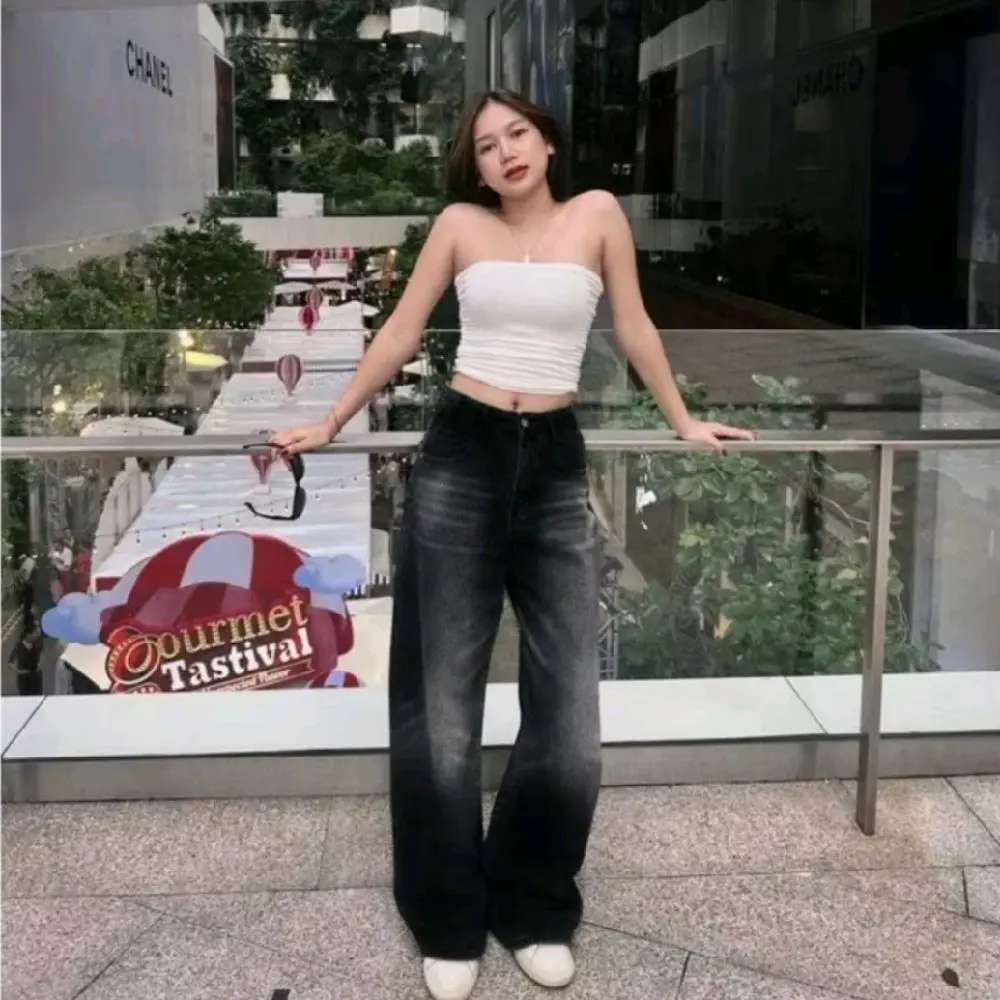 Celana Jeans Wanita Outfit Kekinian Terbaru Kulot Loose Skena Korean Style Warna Hitam Panjang Standar