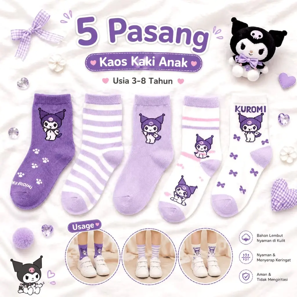 5 Pasang Kaos Kaki Perempuan Laki Laki Bahan Katun Umur 3-8 Tahun Motif Kuromi Warna Ungu / Kaos Kaki Anak Sekolah TK SD