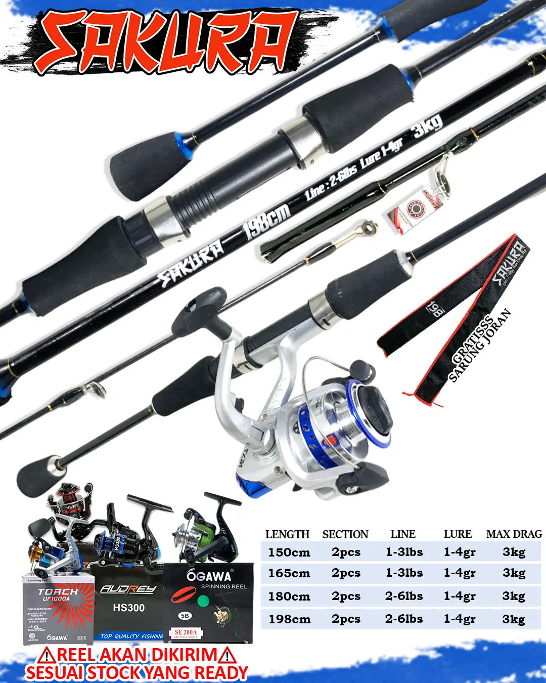 Sepaket Joran UL Sakura Fiber solid 165cm dan 180cm Reel Spool Besi ready