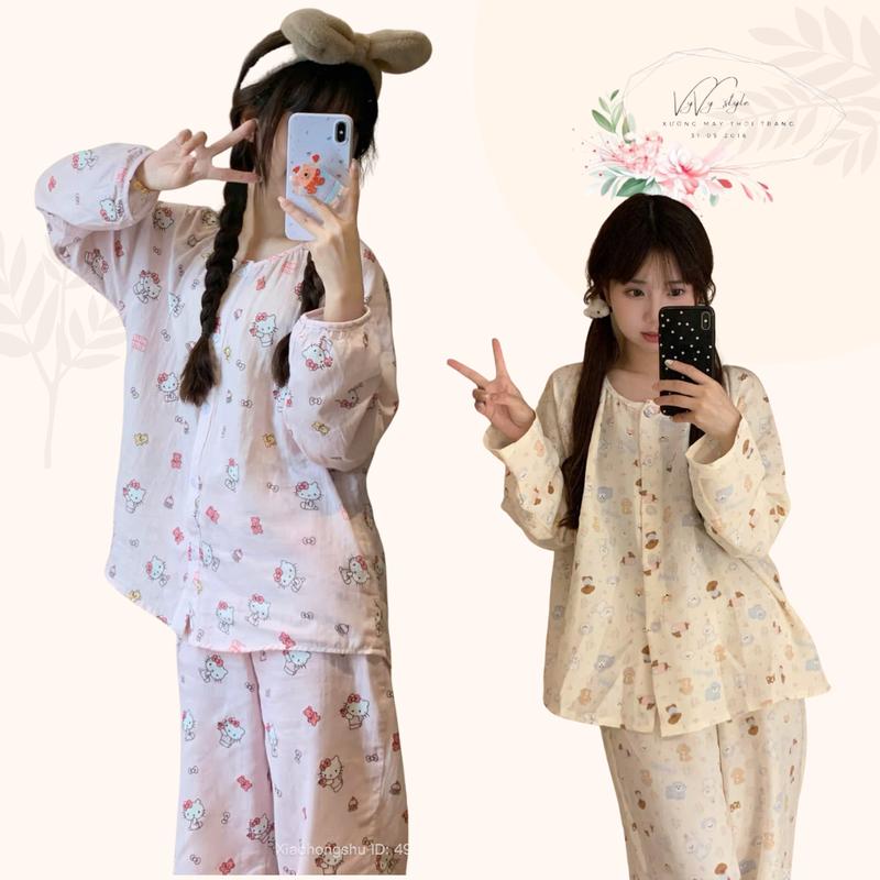  Bộ Pijama dài tay Hello Kitty Hồng Dễ Thương – Chất đũi nhăn Mềm Mịn Form Rộng Thoải Mái 