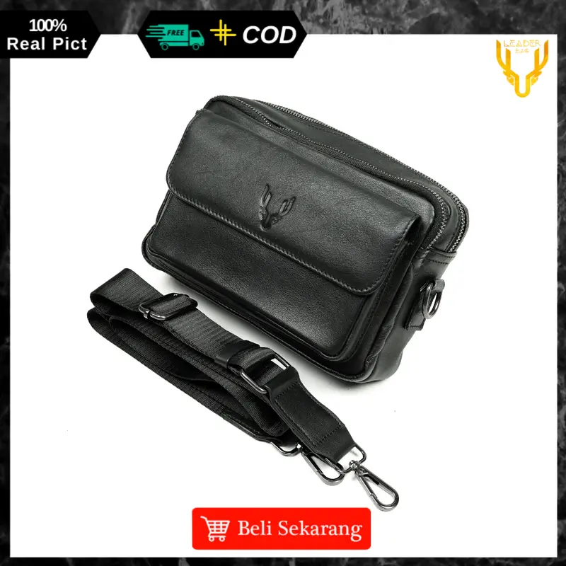 Tas Selempang Pria Kulit Sapi Asli Leaderbag Terbaru Hitam Waterproof Handbag Cowok Keren Branded Premium Multifungsi Clutchbag Slingbag 8