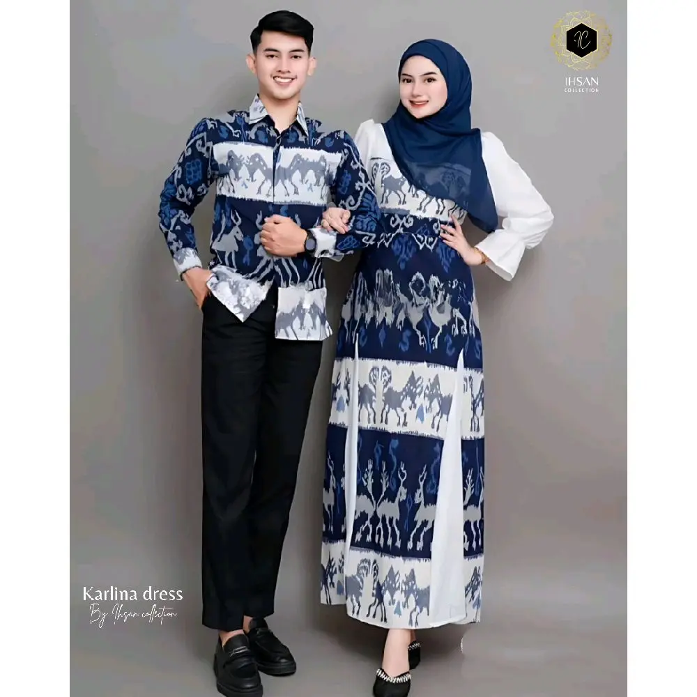 Baju Couple Ihsan Collection Tenun Warna Navy Motif Rusa - Atasan, Katun, Sarimbit, Ibu, Setelan, Batik, Wanita, Gamis, Muslim, Dewasa ( baju lebaran 2025)