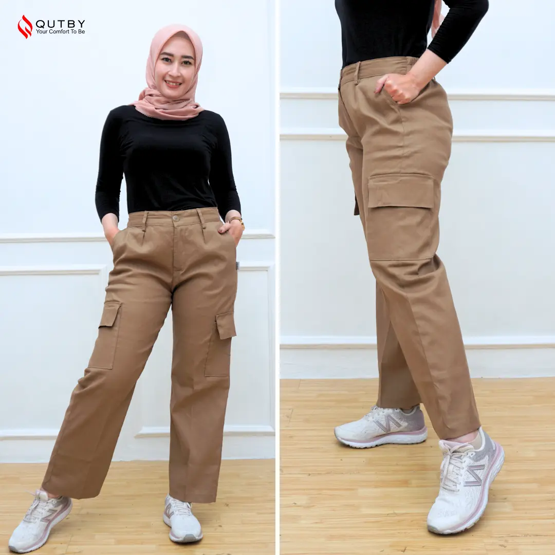 QUTBY - Celana Cargo Jumbo Wanita Bahan Katun Twill Premium
