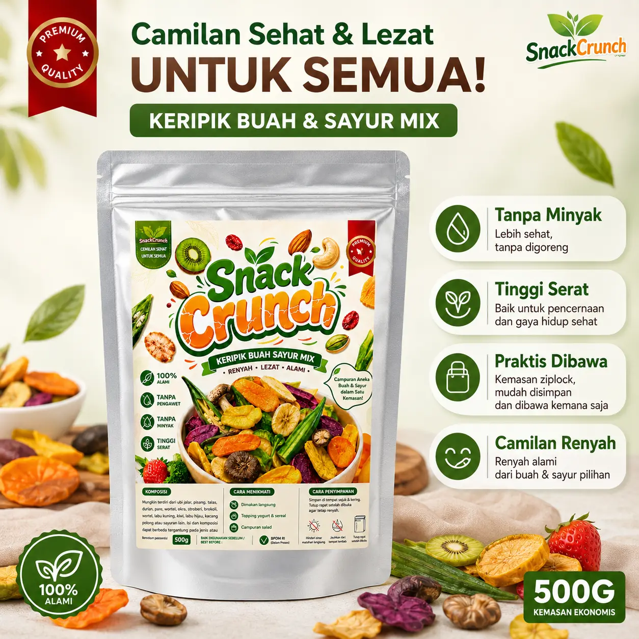 SnackCrunch Keripik Buah Sayur Mix 500g - Snack Buah dan Sayuran Kering Renyah Siap Makan (HQA)