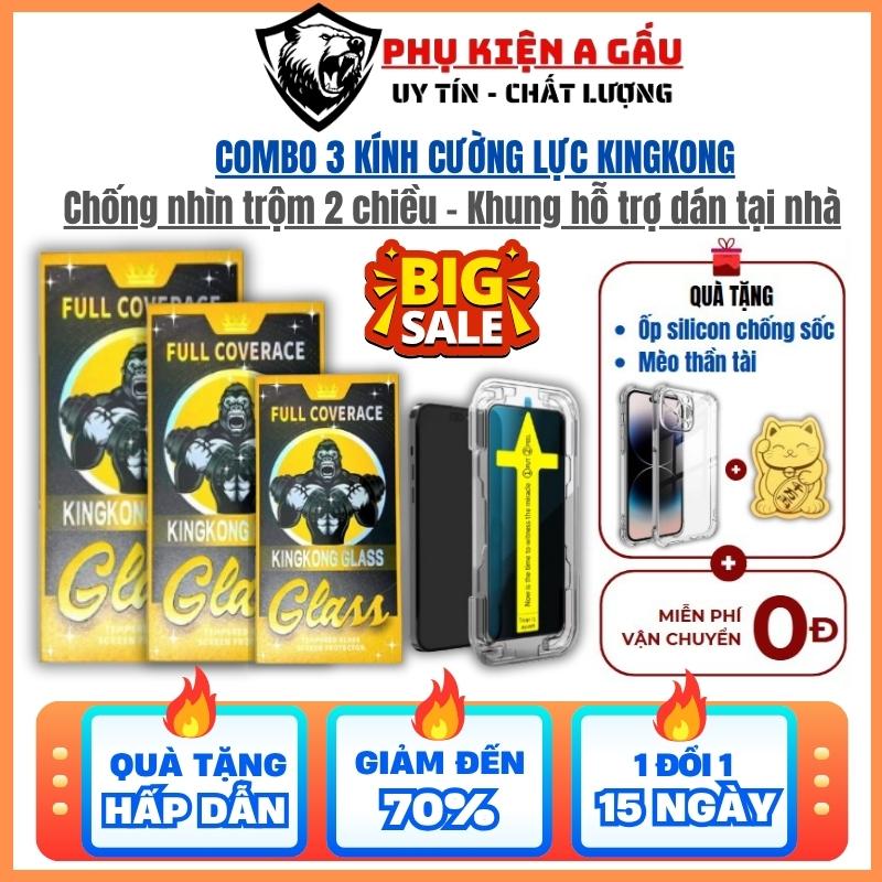 [COMBO 3 KÍNH KÈM QUÀ] Kính cường lực iphone chống nhìn trộm 2 chiều có khung tự dán tại nhà, Cường lực Kingkong cho ip x xs xr 11 12 13 14 15 16 pro promax plus - Kính cường lực ip che bụi màng loa Tặng kèm ốp dẻo và mèo thần tài - Có bán combo 5 kính