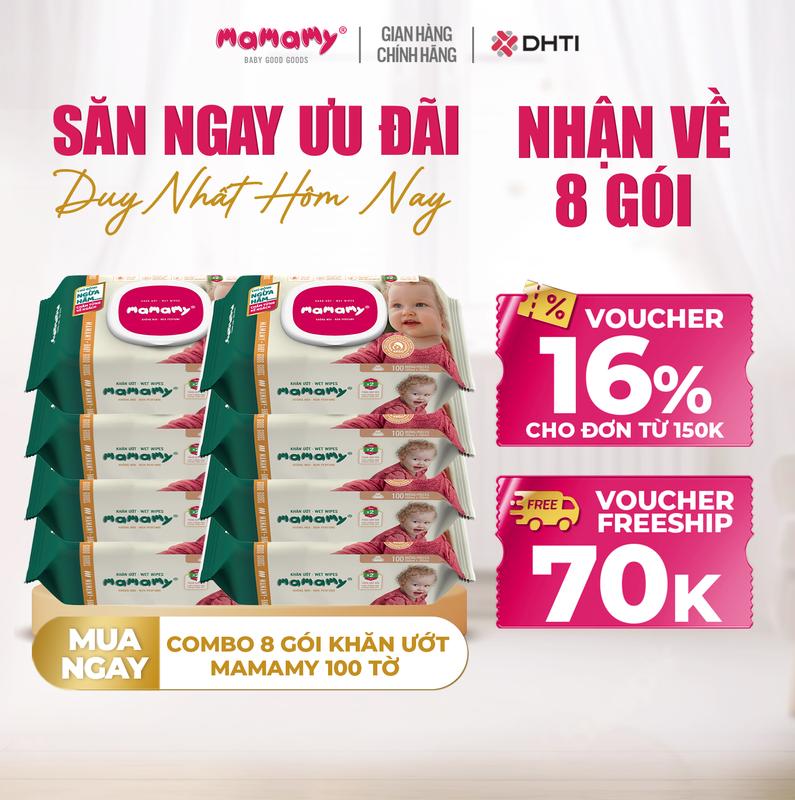 (Nhận về 8 gói) Combo 8 gói khăn ướt Mamamy 100 tờ chính hãng cho mẹ và bé, x2 chất chống hăm cho bé