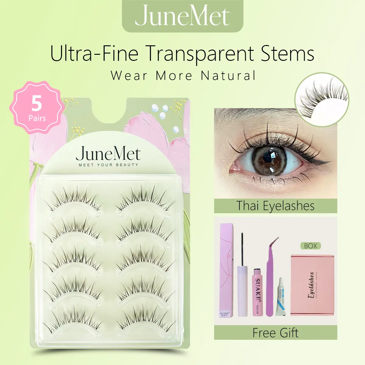 Five Pairs of Tapered Naturally Soft JuneMet  Lashes for Quick Wear【Upgraded Gift Set】Eyelashes with Mascara and Tweezers,Eyelash Extensions Makeup Cosmetic