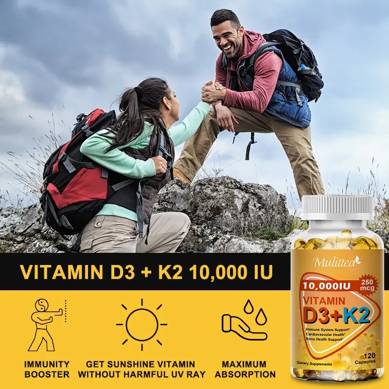 Mulittea 60pcs 10,000IU Vitamin D3+K2 250mcg Vegan Kapsul Suplemen Multivitamin dengan Vitamin D3 dan K2 untuk Kesehatan Tulang Kesehatan Tulang dan Sendi suplemen kesehatan mulittea vitamin d3 k2 nyeri whitening collagen 4