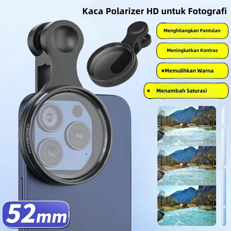 【52mm】Lensa Filter Polarizer untuk Fotografi Smartphone! Dilengkapi dengan klip, menghilangkan pantulan dan memberikan kualitas gambar yang jelas. Dapatkan hasil foto yang lebih baik sekarang!