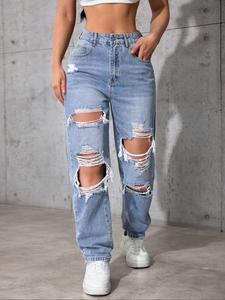 Jeans de mujer de cintura alta con rasgaduras, pantalones largos ajustados casuales, patrón liso, bragueta con cremallera, moda para todas las estaciones