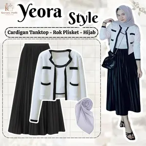 One Set Korean Style (Cardigan+Tanktop Rajut, Rok Plisket Hyget, Bella Square) Outfit Kekinian KY4M