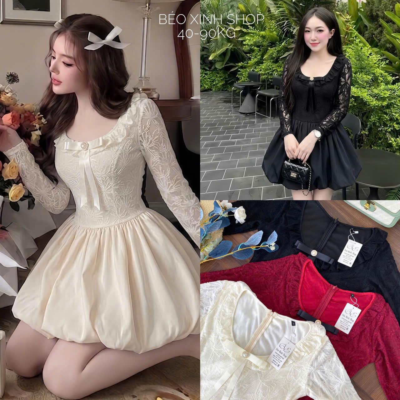 Váy Dự Tiệc Thiết Kế Dáng Ngắn Tay Dài Tiểu Thư Phối Nơ (Vải Ren Cao Cấp) Thanh Lịch Sang Trọng Cho Các Nàng Bigsize 40–90kg Thời Trang Nữ Béo Xinh Shop - A.1781