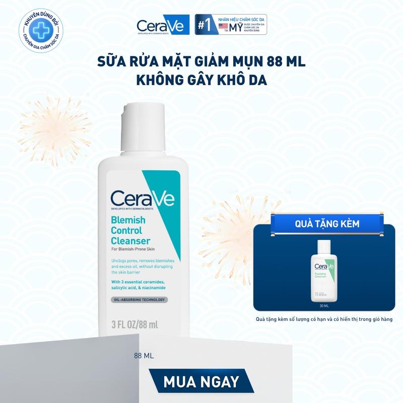 DEAL HOT Sữa rửa mặt giảm mụn CeraVe Blemish Control Cleanser 88ml. Sữa rửa mặt dịu nhẹ giúp làm sạch bã nhờn dư thừa và giảm mụn với AHA & BHA không làm tổn thương hàng rào bảo vệ da. DÙNG CHO DA MẶT_ Chăm sóc da_Skincare cho Nam và Nữ_Cleansing