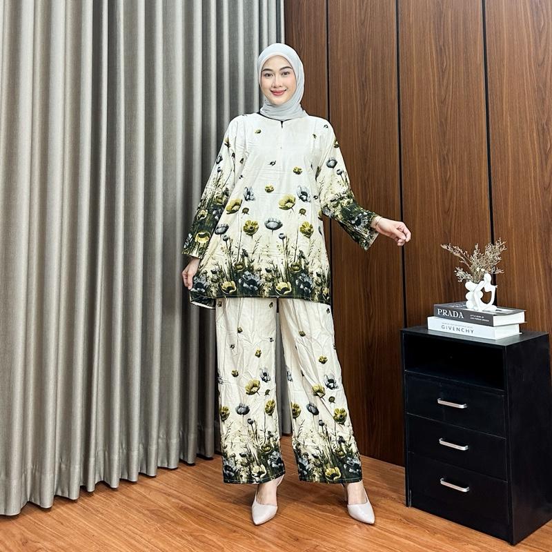 One Set Fadia Rayon Busui Ld 120 Setelan Wanita Atasan Celana Panjang Jumbo Rayon Super Adem Baji Muslim Standar Muat Hingga Bb 85kg