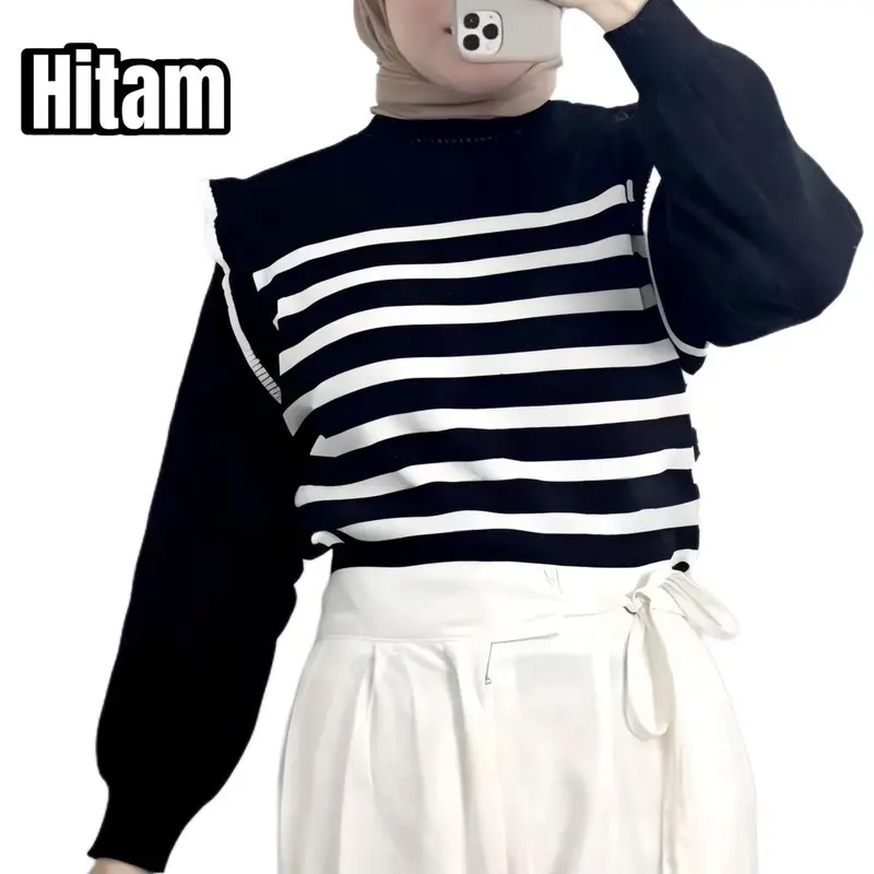 Amanda Atasan Blouse Knit Wanita Motif Garis Lengan Balon Korean Style Baju Knitwear Hitam Putih 1