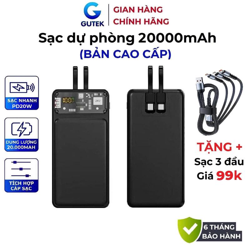 [Tặng sạc 3 đầu] Sạc dự phòng 20000mah sạc nhanh 22,5W dung lượng pin lớn có sẵn dây cho điện thoại - Gutek GT159