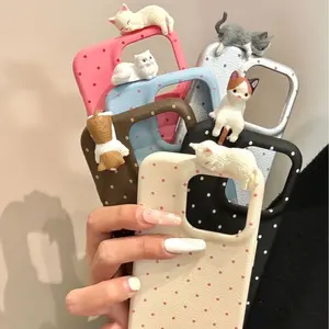 Polka Leather Textured Casing Ponsel Lucu 3D Kartun Diy Lying Cat Compatible For iPhone 7 8 7plus 11 12 13 14 15 16 17 17AIR Plus Pro Promax Anti-Fall Soft Back Cover HK19