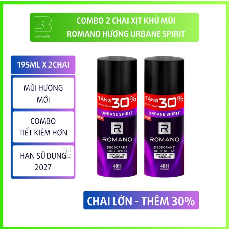 Combo 2 chai xịt khử mùi Romano Urbane Spirit 195ml - Bộ 2 chai xịt hương nước hoa kháng khuẩn ngăn mùi giảm mồ hôi nách