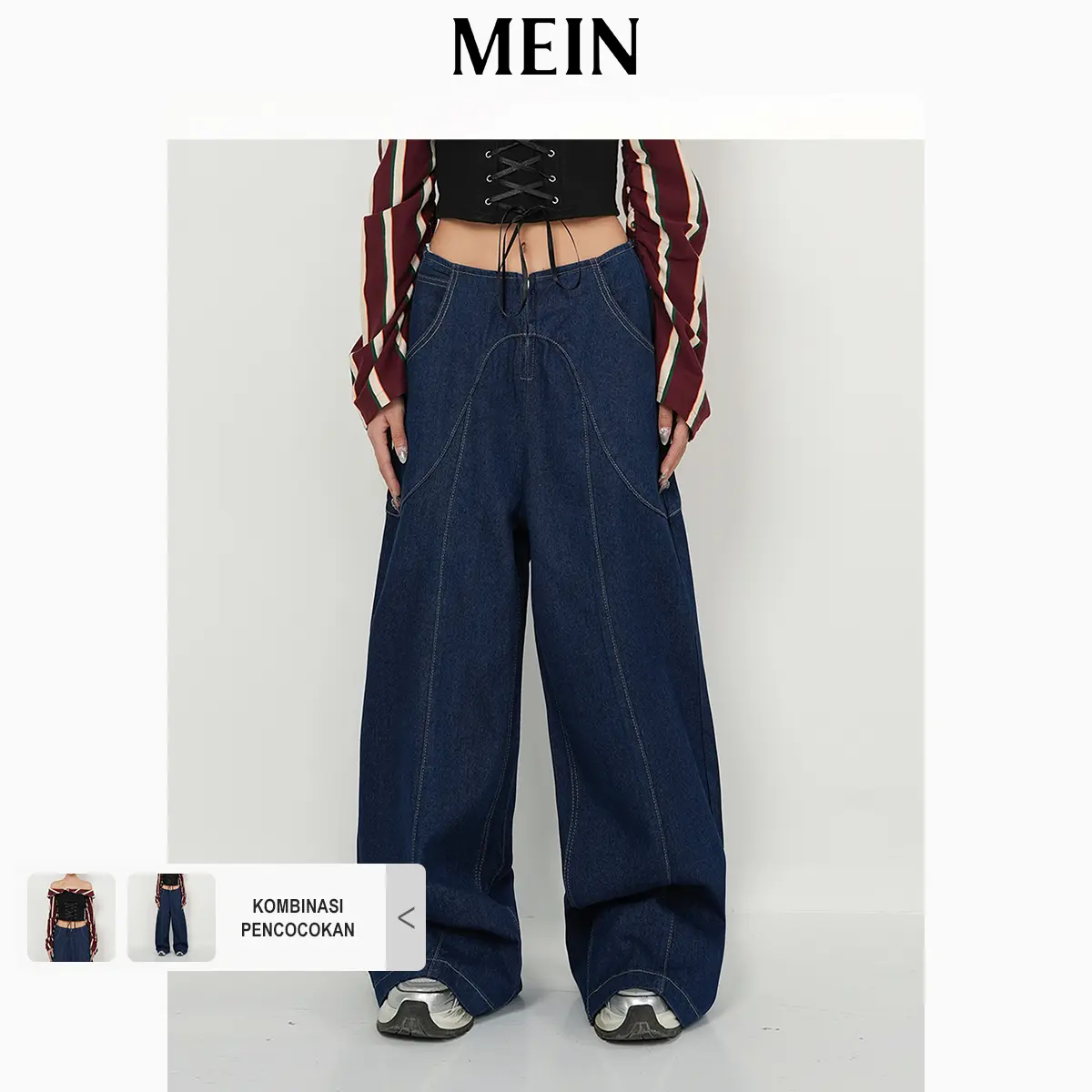[Dare To Be] GIRL POWER Celana Baggy Jeans Wanita Biru High Waist Longgar dengan Potongan 3D 1549